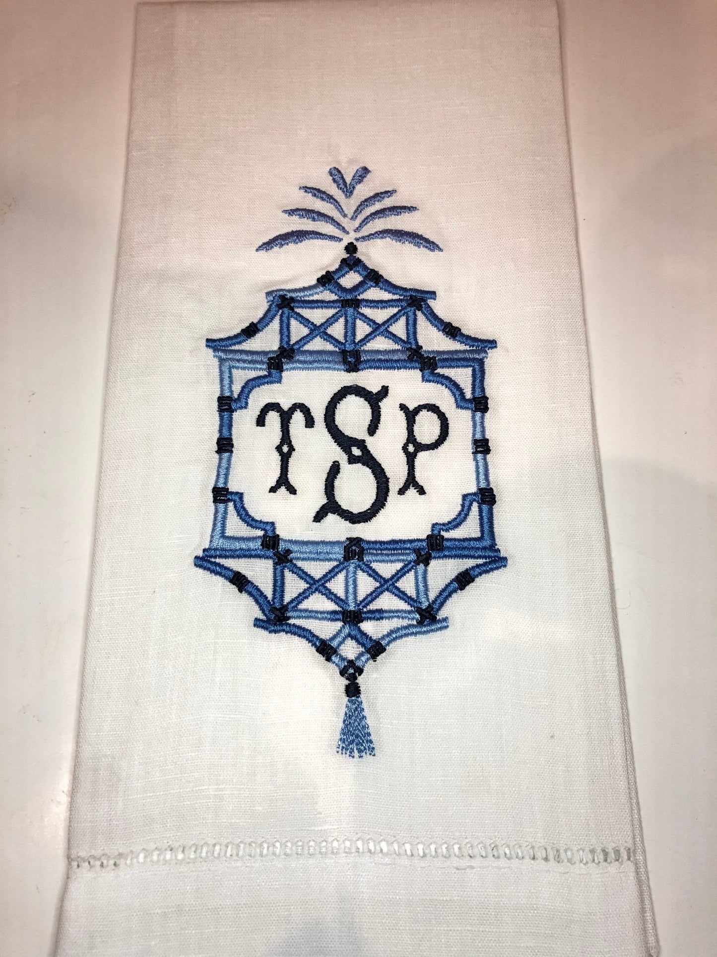 Embroidered/Monogrammed chinoiserie linen tea towel