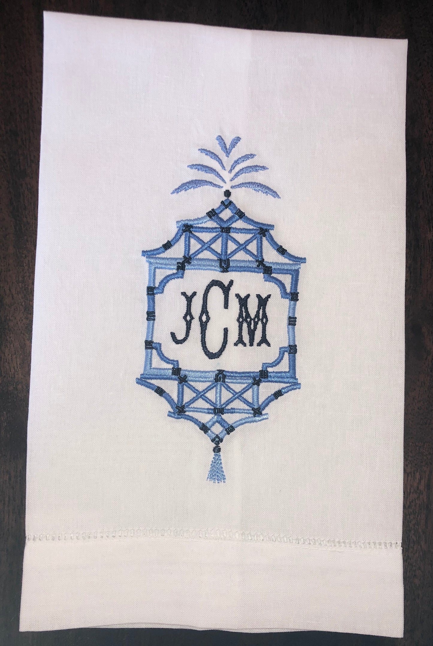 Embroidered/Monogrammed chinoiserie linen tea towel