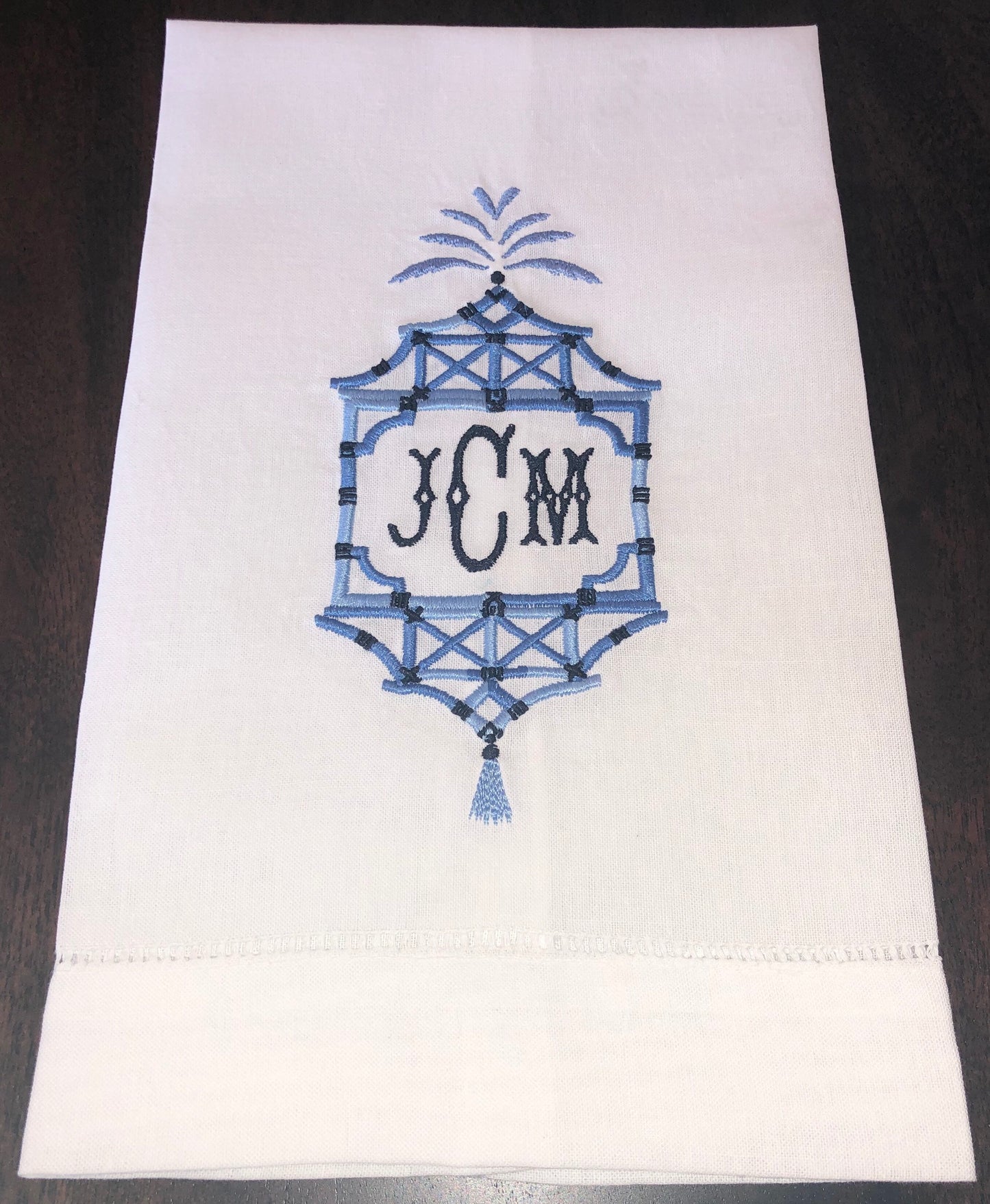 Embroidered/Monogrammed chinoiserie linen tea towel