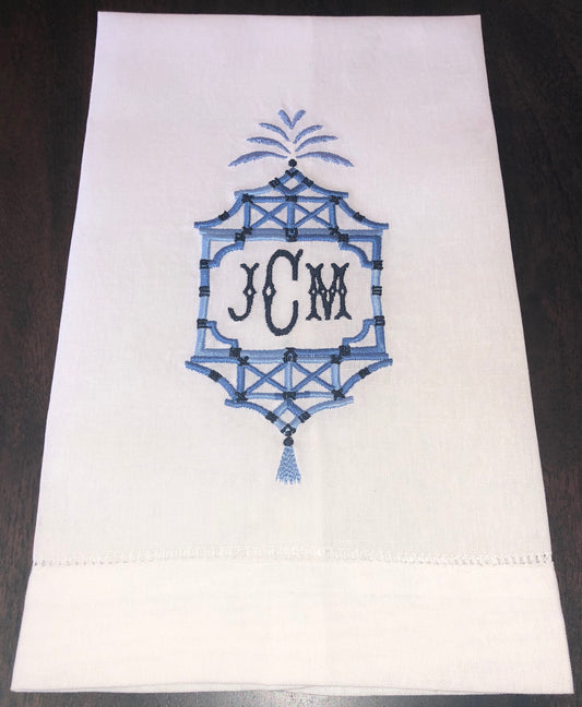 Embroidered/Monogrammed chinoiserie linen tea towel