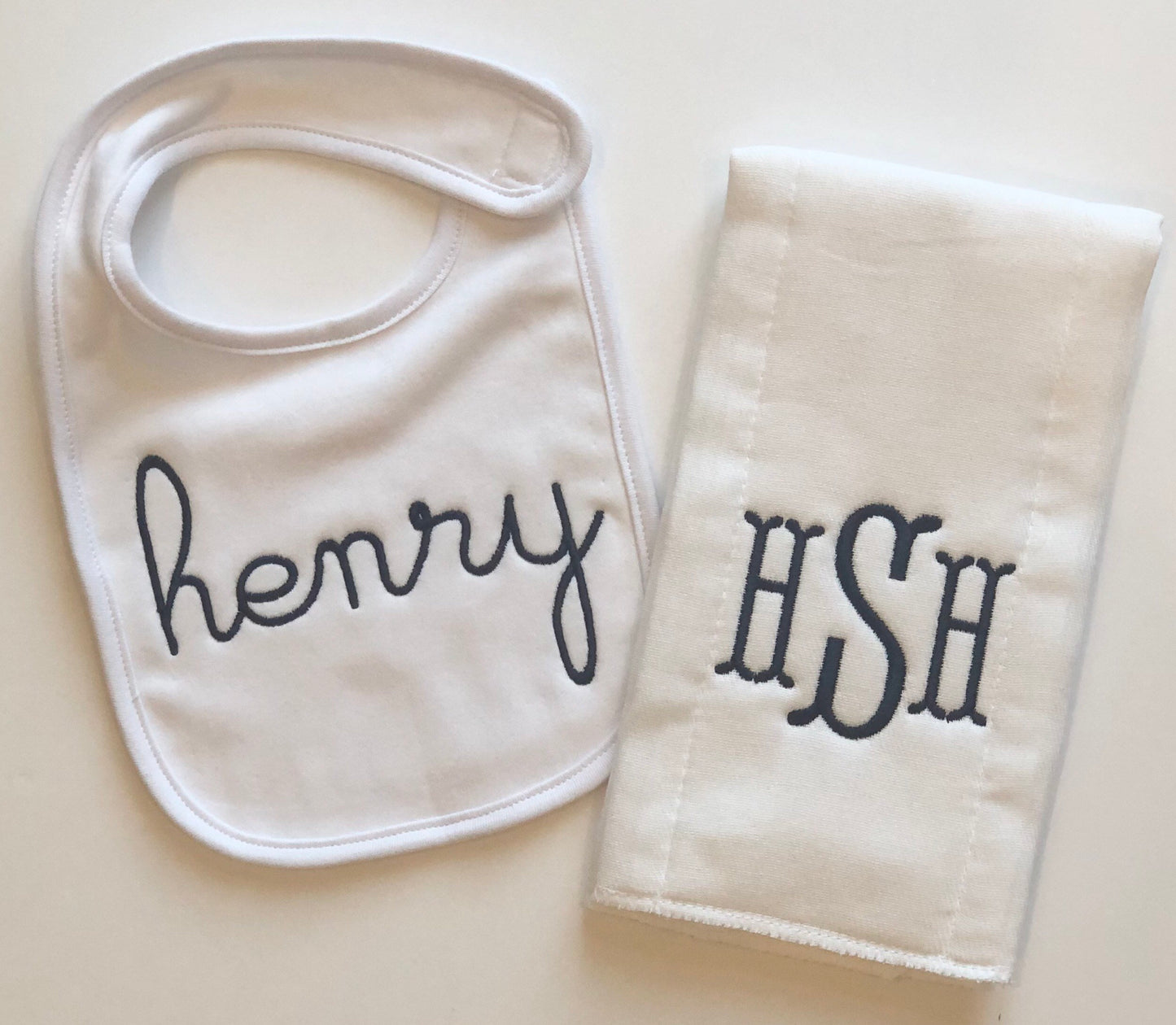 Monogrammed bib and burp cloth set