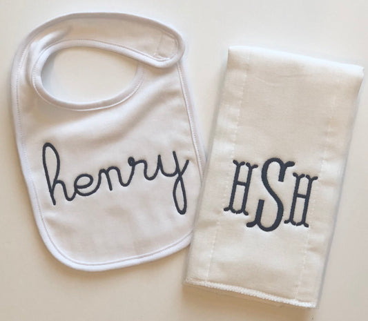 Monogrammed bib and burp cloth set